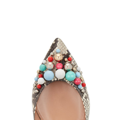 Snakeskin Embossed Buckled Slingback Shoes Beaded Pointed Toe Flats