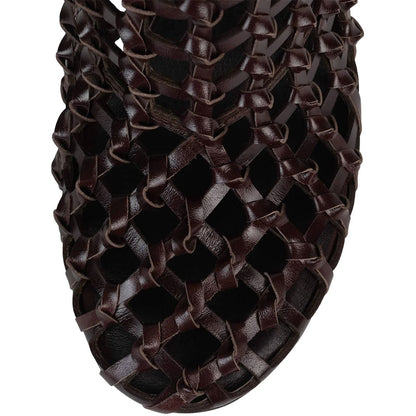 Brown Woven Detail Round Toe Heeled Buckle Stylish Boots for Ladies