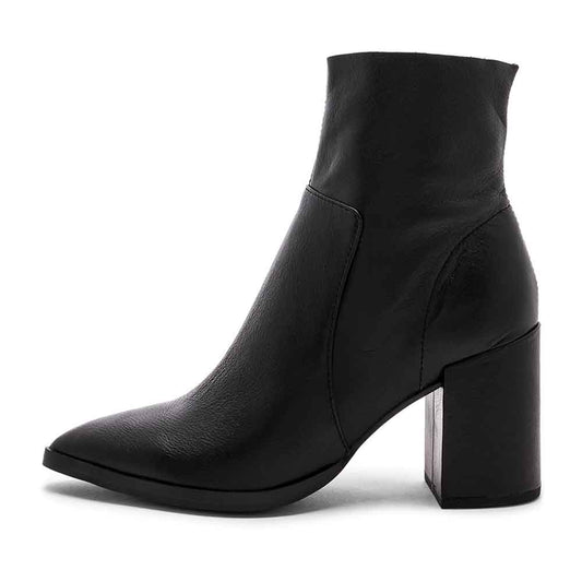 Black Vegan Leather Pointed Toe Chunky Heel Side-Zip Ankle Boots