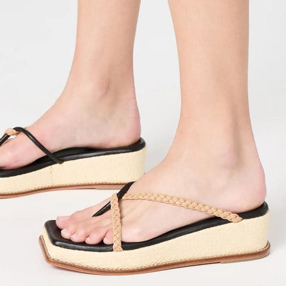 Black & Beige Woven Raffia Square Toe Platform Wedge Sandals for Women