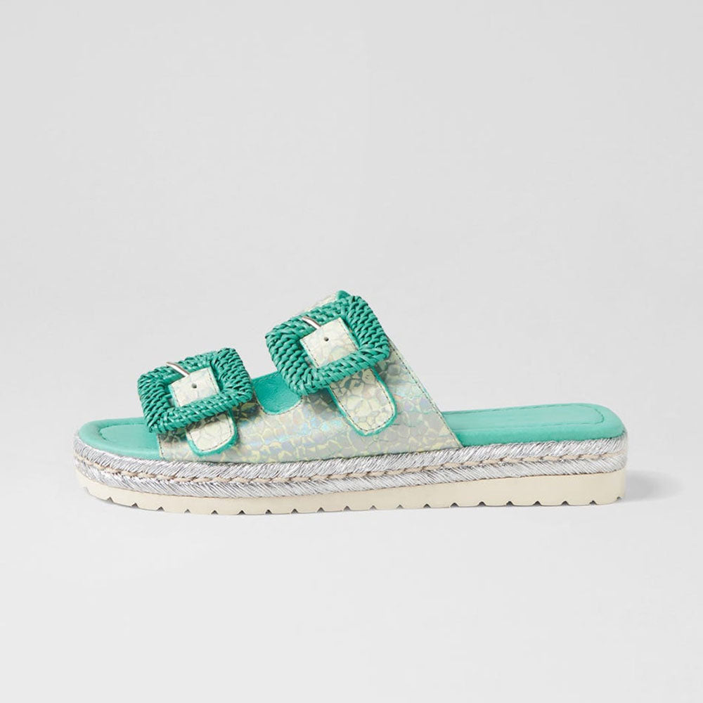 Women's Turquoise Woven Square Buckle Espadrille Slides Shoes
