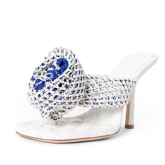 White Square Toe Crochet Rose Strap Stiletto Heel Mules Sandals
