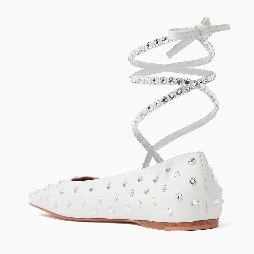 Square Toe Crystal Embellished Lace-Up Women's Dress Flats in White