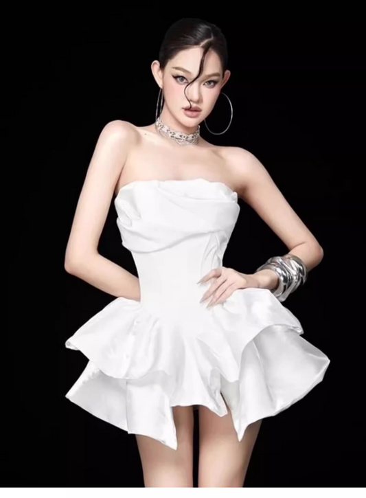 Cute White Strapless Ruffled Hem Design A-line Satin Party Dress Homecoming Dress TP3820