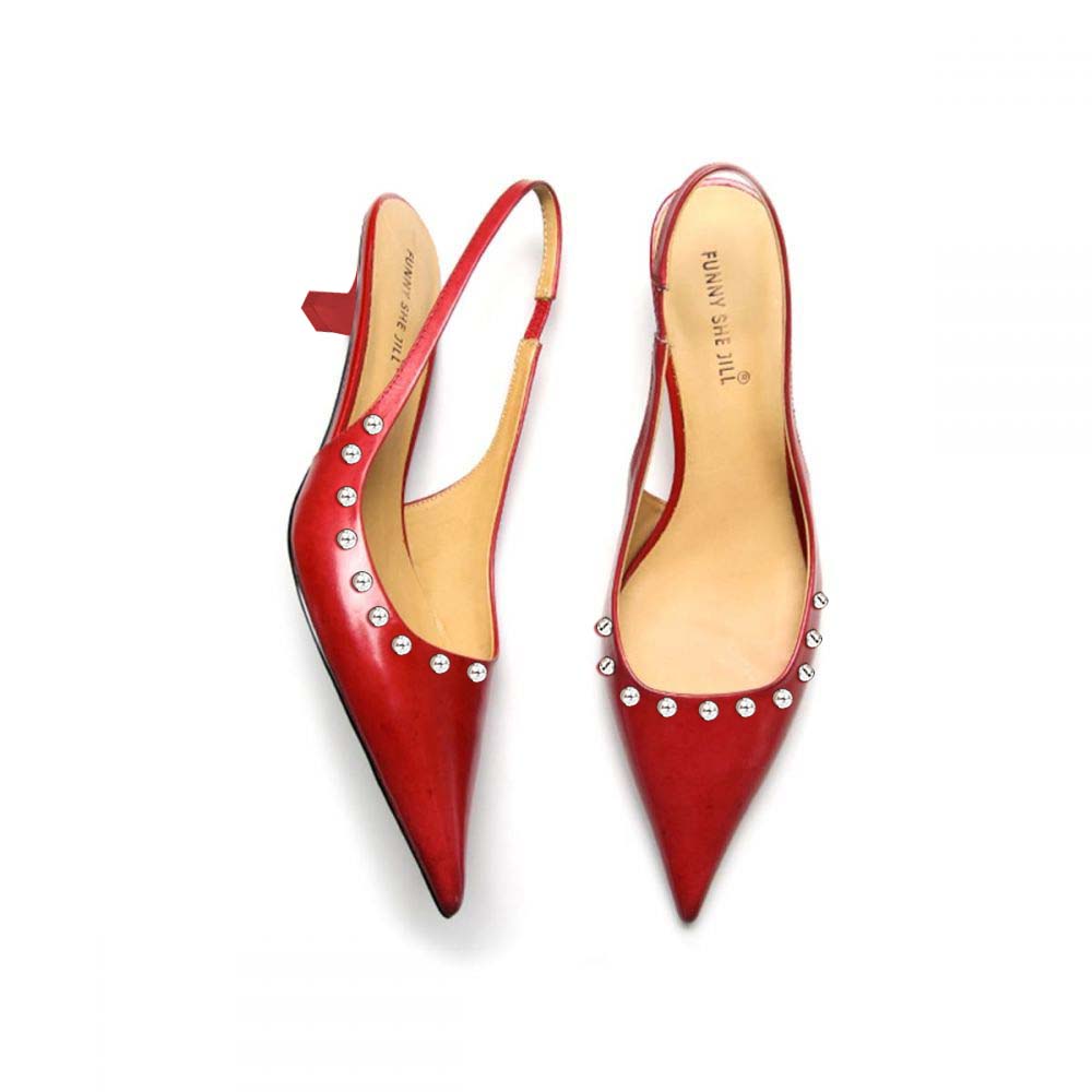 Women's Pointed-Toe Studded Kitten Heel Slingback Pumps for Office