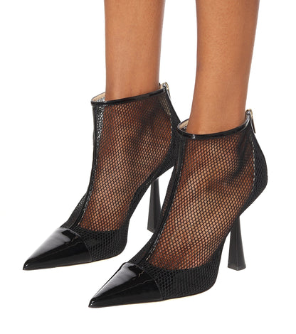Black Net & Patent Leather Ankle Boots Pointy Toe Flared Heel Booties