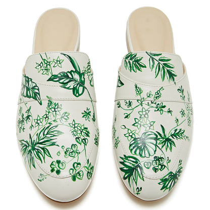 White Floral Print Flat Mules Loafers for Women