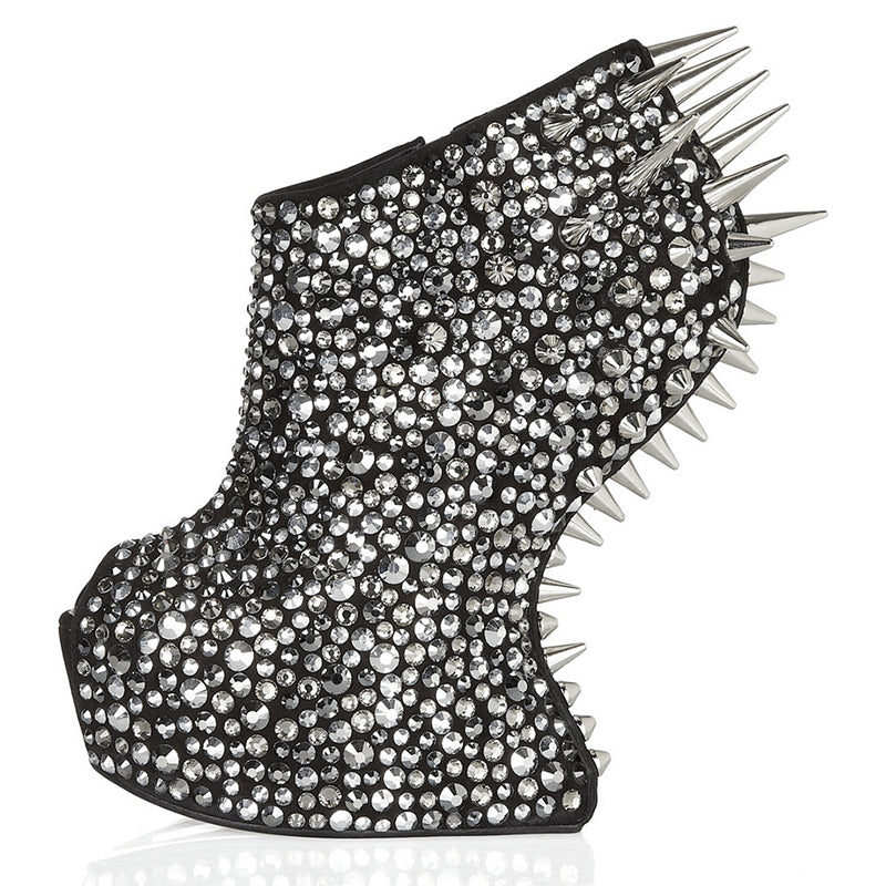 Black Keyhole Ankle Boots Rhinestone Rivets Wedge Platform Booties