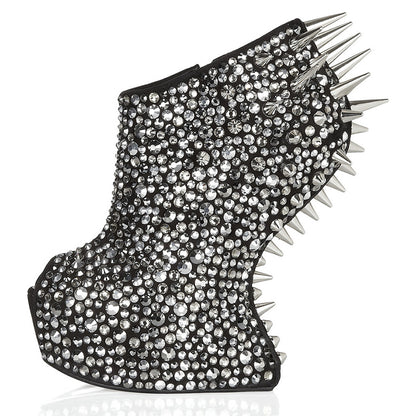 Black Keyhole Ankle Boots Rhinestone Rivets Wedge Platform Booties