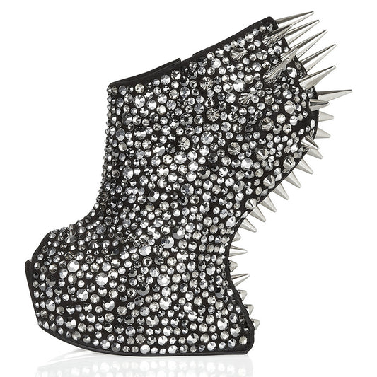 Black Keyhole Ankle Boots Rhinestone Rivets Wedge Platform Booties