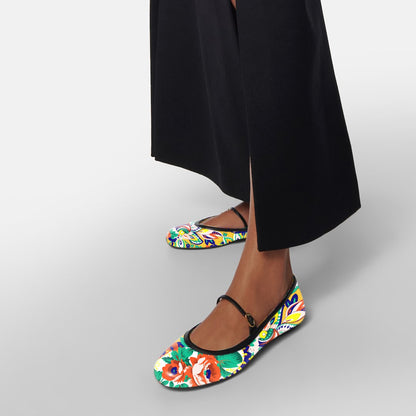 Multicolor Floral Print Round Toe Buckle Strap Mary Jane Flats