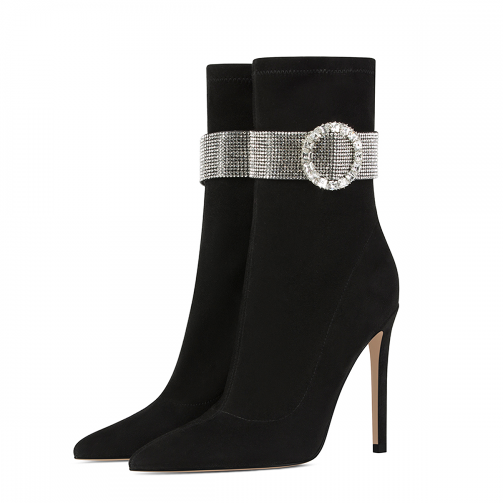 Women's Black Vegan Suede Stiletto Heel Rhinestone Buckle Ankle Boots