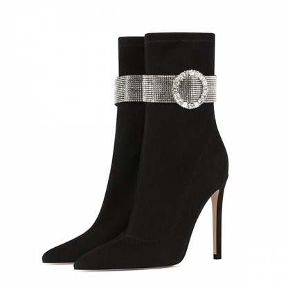 Women's Black Vegan Suede Stiletto Heel Rhinestone Buckle Ankle Boots