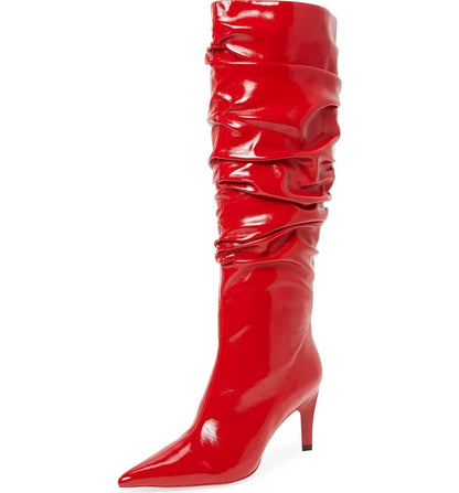 Red Patent Leather Slouch Boots Stiletto Heel Knee High Boots