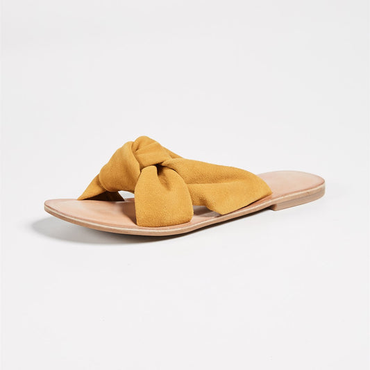Casual Mustard Vegan Suede Open-Toe Knotted Flats Slide Sandals