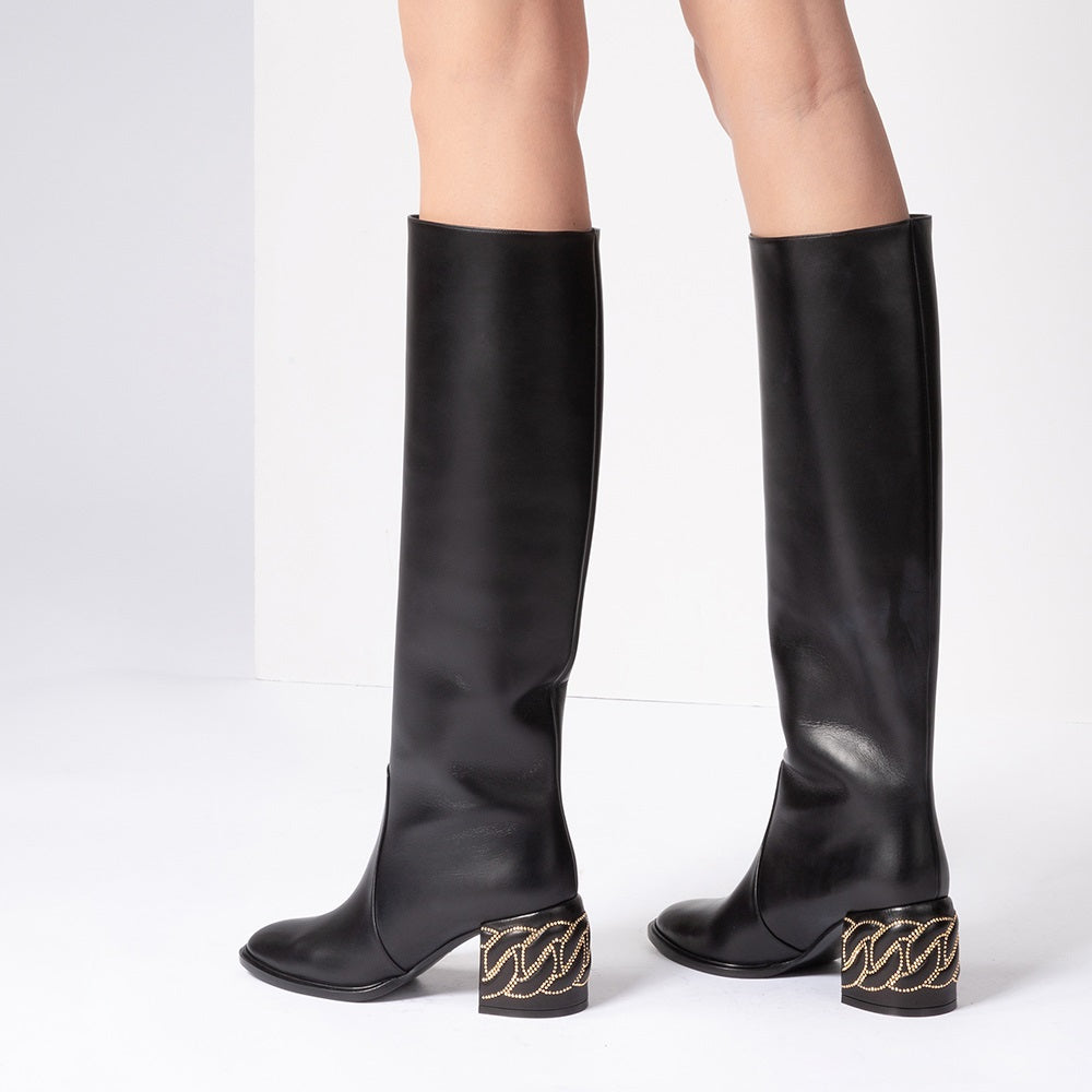 Classic Black Round Toe Decorative Block Heel Knee High Boots