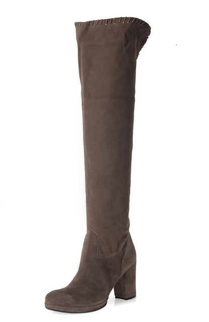 Dark Brown Vegan Suede Round Toe Block Heel Knee High Boots