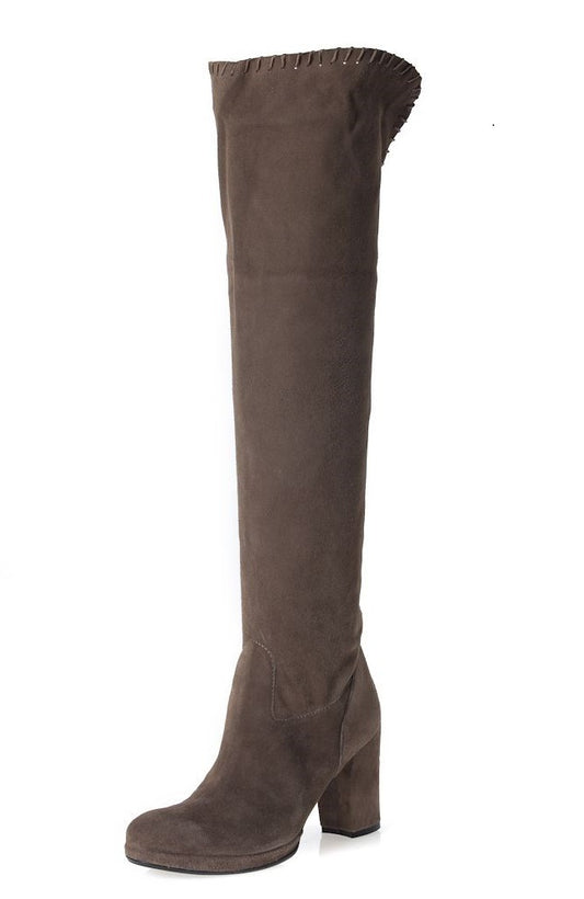Dark Brown Vegan Suede Round Toe Block Heel Knee High Boots