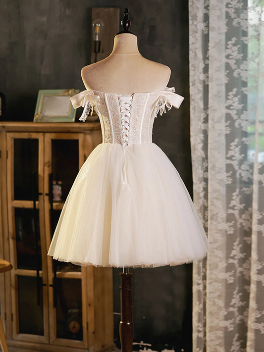 Vintage White Lace Off-the-shoulder Design A-line Tulle Party Dress Homecoming Dress TP4069