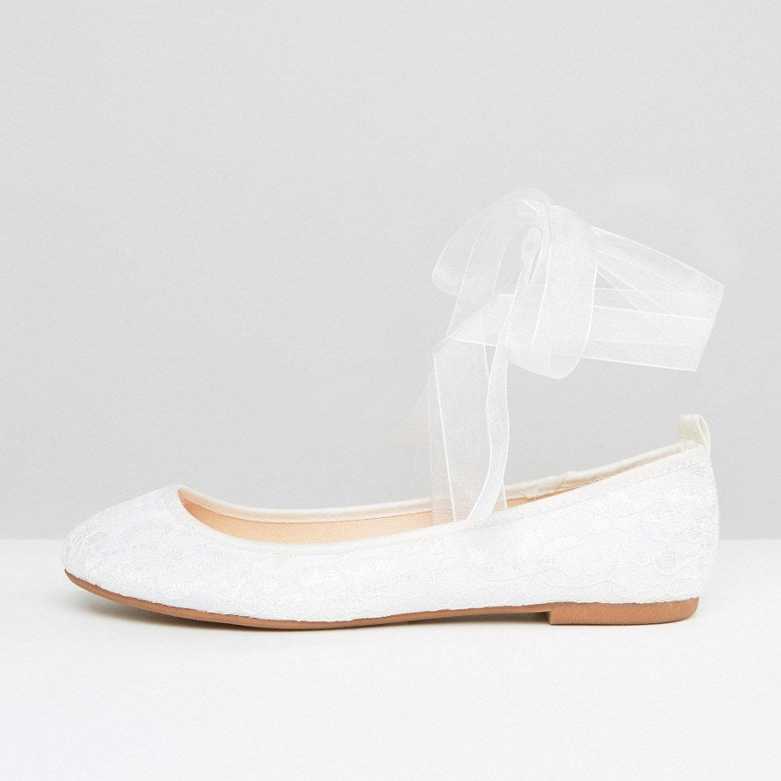 White Lace Ballet Flats Tulle Ribbon Strappy Wedding Shoes