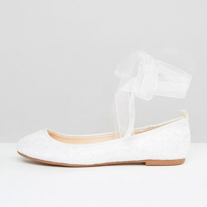 White Lace Ballet Flats Tulle Ribbon Strappy Wedding Shoes