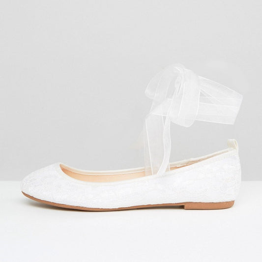 White Lace Ballet Flats Tulle Ribbon Strappy Wedding Shoes
