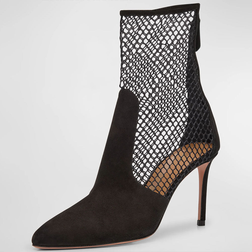 Black Mesh & Vegan Suede Pointy Toe Back-Zip Heeled Ankle Boots