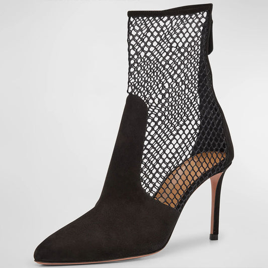 Black Mesh & Vegan Suede Pointy Toe Back-Zip Heeled Ankle Boots