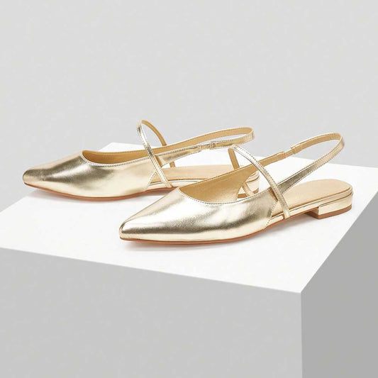 Gold Metallic Shoes Pointed Toe Slingback Flats with Elastic Strap
