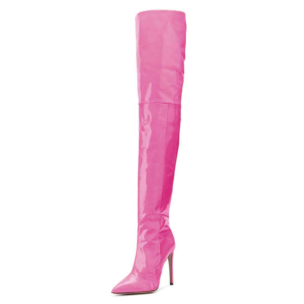Y2K Hot Pink Patent Leather Thigh High Heel Boots