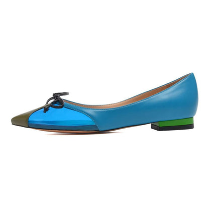 Blue Pointed Toe PVC Splicing Design Fashion Flats with Bow Knot