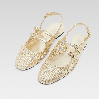Gold Woven Round Toe Buckled Strappy Mary Jane Flats with Slingback