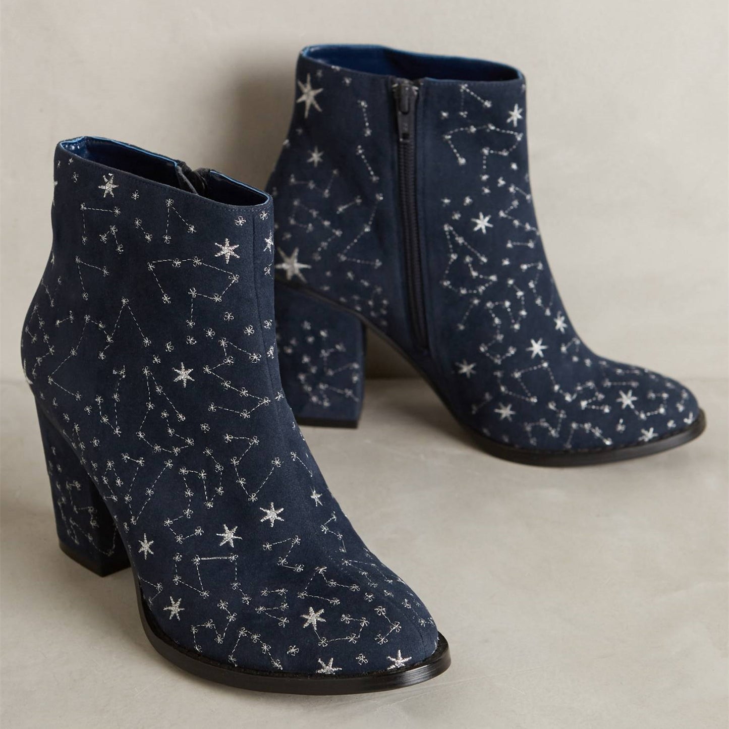 Navy Constellation Pattern Embroidered Chunky Heel Ankle Boots