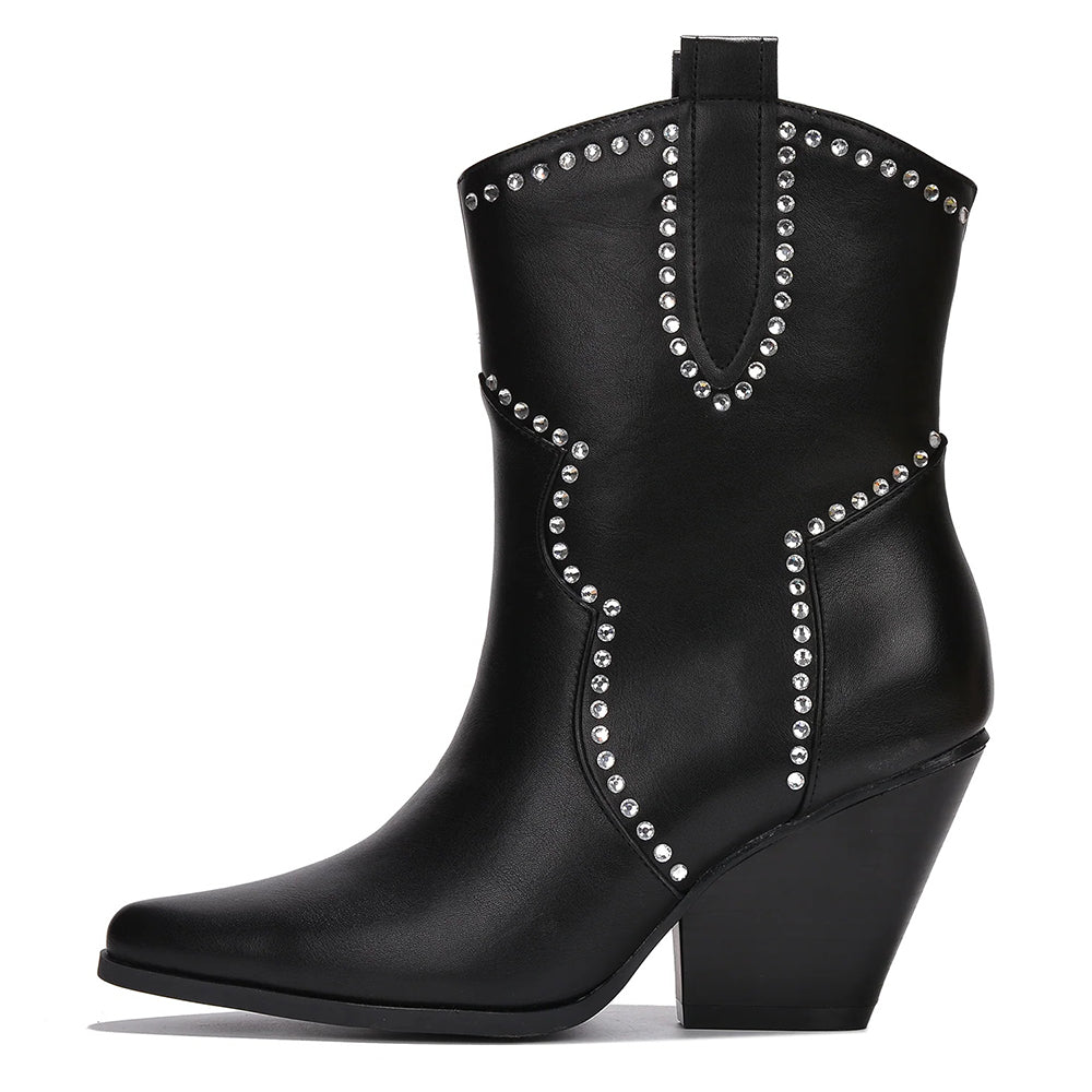 Black Closed Toe Chunky Heel Western Ankle Boots