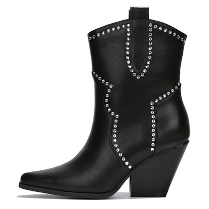 Black Closed Toe Chunky Heel Western Ankle Boots
