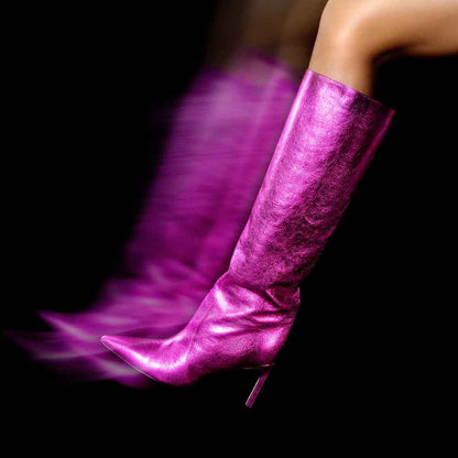 Fuchsia Metallic Pointed Toe Stiletto Heel Wide Calf Knee High Boots