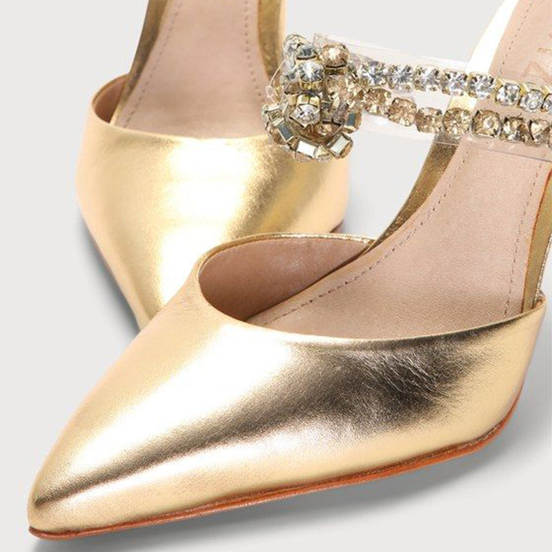 Women's Gold Evening Shoes Pointed Toe Rhinestone Mule Heels