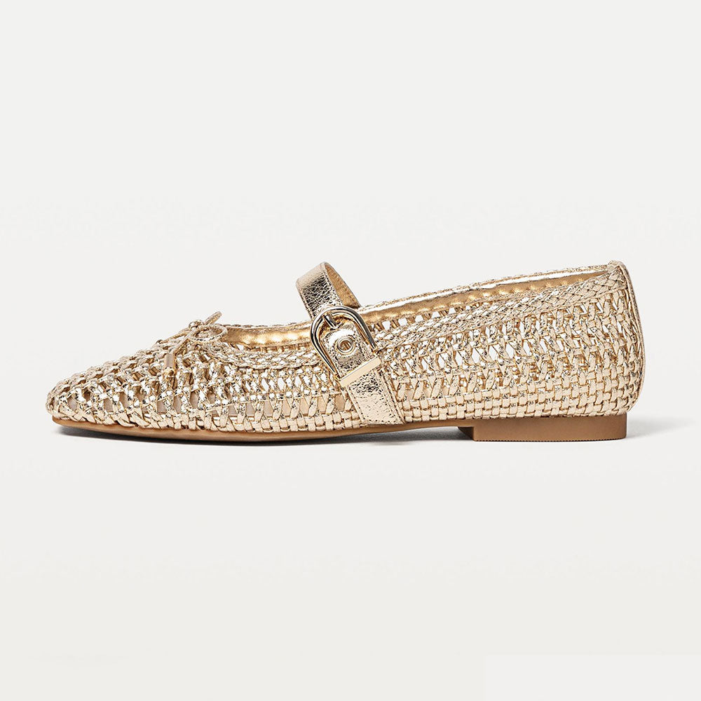 Gold Metallic Finish Woven Square Toe Bow Buckle Strap Flats