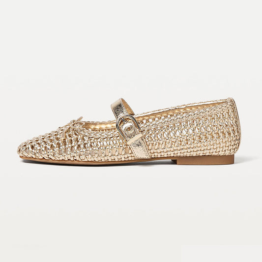 Gold Metallic Finish Woven Square Toe Bow Buckle Strap Flats