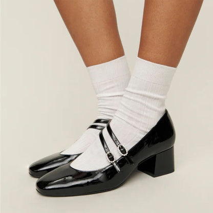 Black Patent Leather Round Toe Chunky Heel Strappy Loafers