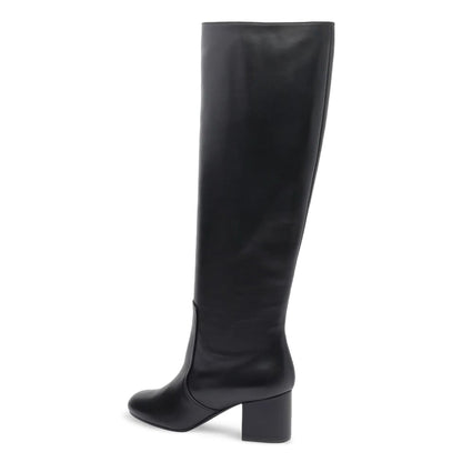 Black Round Toe Block Heel Vegan Leather Knee High Boots