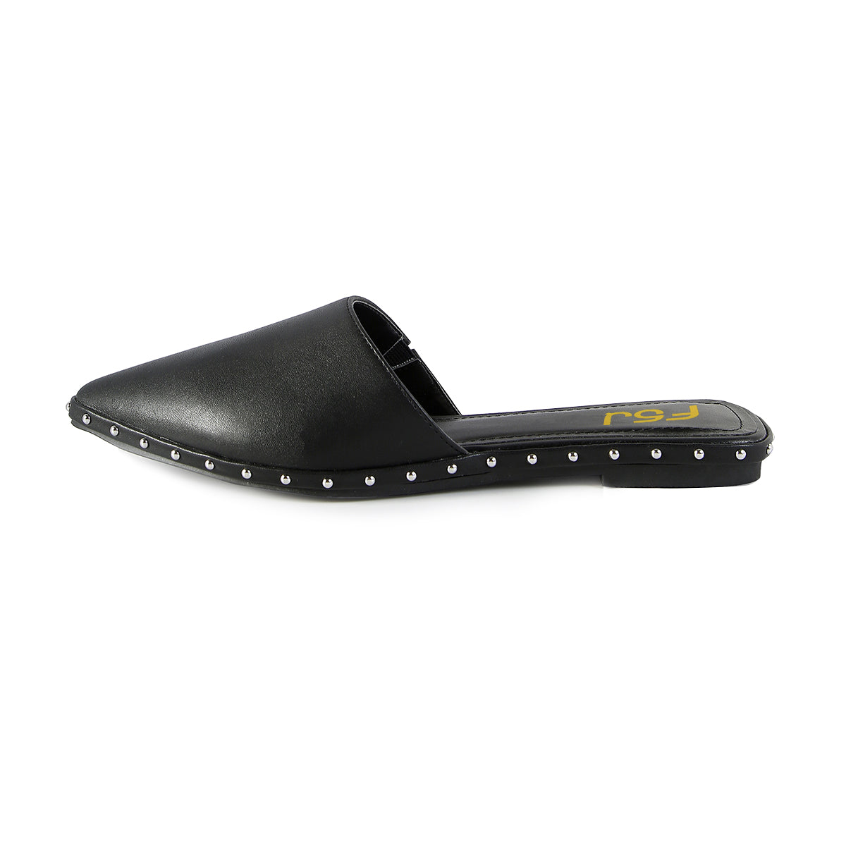Women's Black Pointed Toe Studded Comfortable Flat Mules