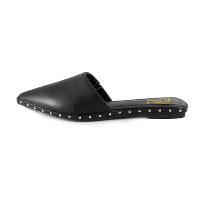 Women's Black Pointed Toe Studded Comfortable Flat Mules