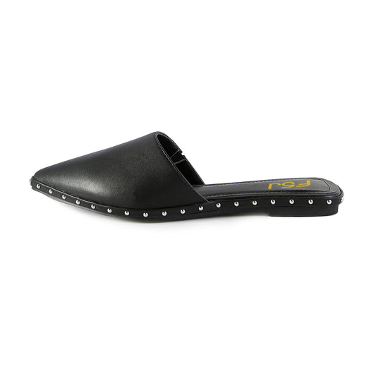 Women's Black Pointed Toe Studded Comfortable Flat Mules