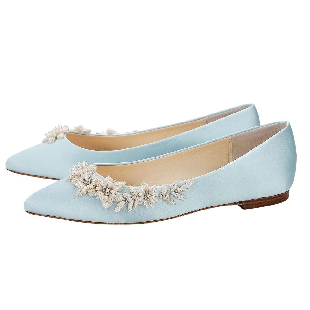 Blue Satin Pointed Toe Pearl Floral Embellished Wedding Flats