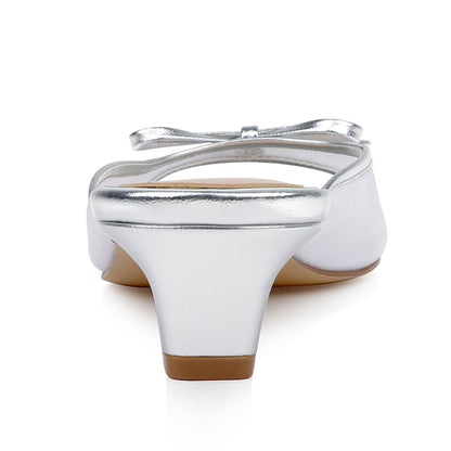 Women's Classy Silver Mesh Open Square Toe Bow Decor Mule Heels