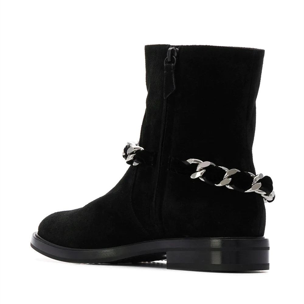Women's Black Casual Vegan Suede Flats Ankle Boots with Chain