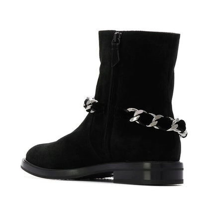 Women's Black Casual Vegan Suede Flats Ankle Boots with Chain
