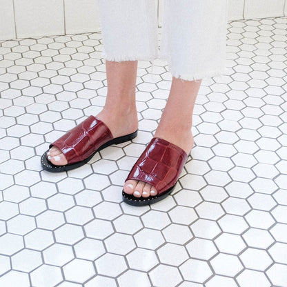 Burgundy Croco Embossed Flats Open-Toe Studded Women's Slide Sandals