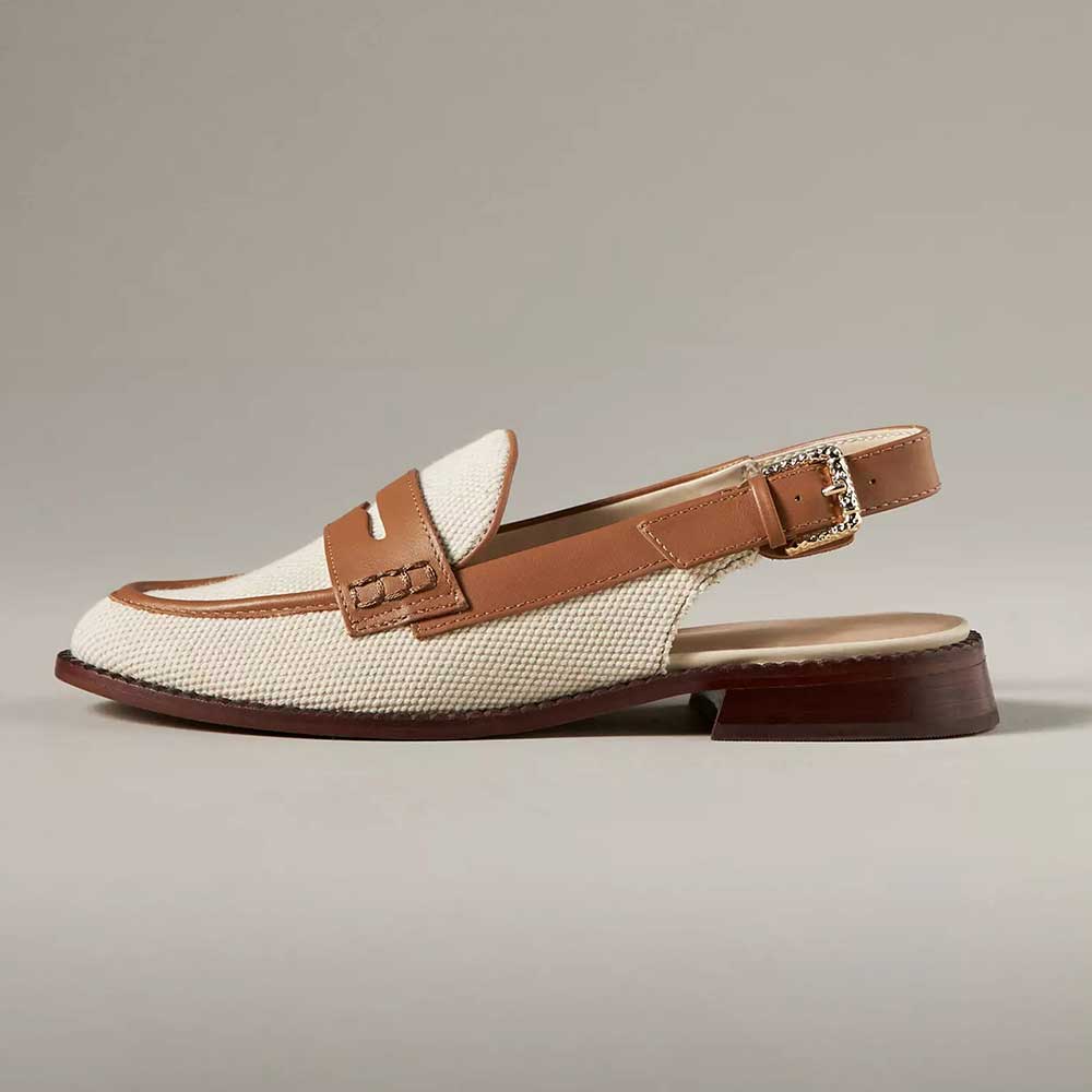 Beige & Brown Round Toe Flat Women's Textile Penny Slingback Loafers